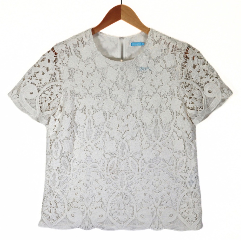 J.McLaughlin Fleur Blouse Womens S White 3D Lace Cap Sleeve Floral Party Top